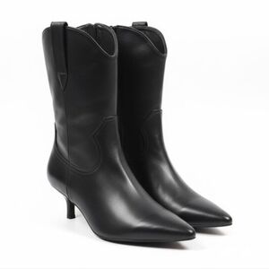 NWOT Steven New York Bana Kitten Heeled Boots 8 Black Faux Leather Pointed Toe